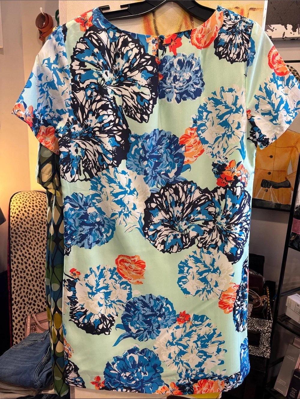 J. Crew Mint Mini Dress with Bold Blue Floral Print